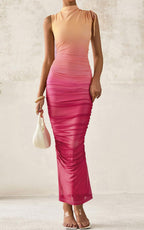 pink Mesh flowers sleeveless crew neck dress