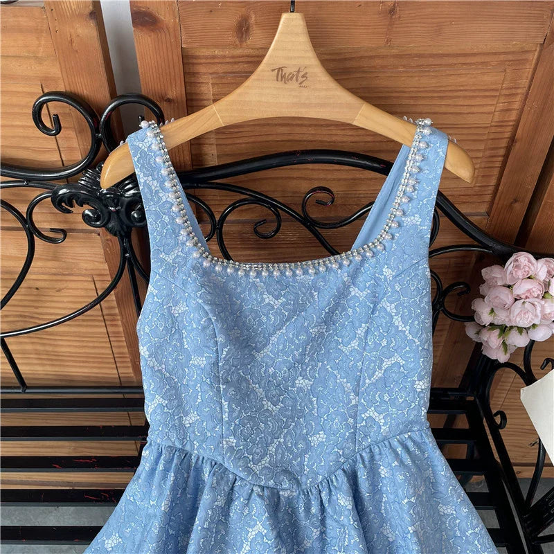 Beaded Square Neck Retro Jacquard Bow Strap Waist A-Line Mini Dress