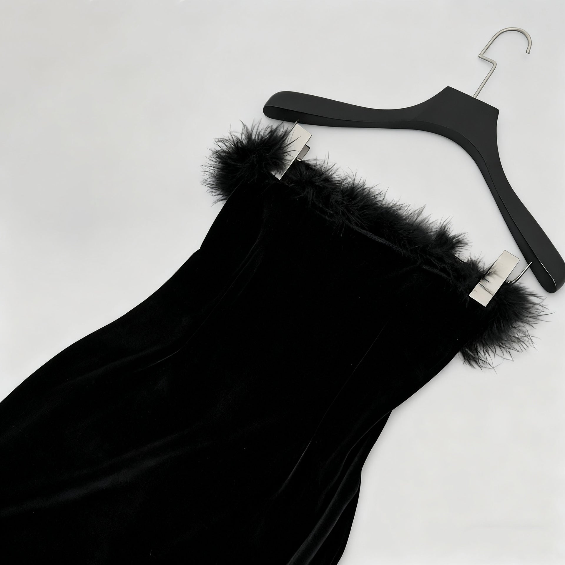 Samantha Feather Velvet Strapless Mini Dress In Black