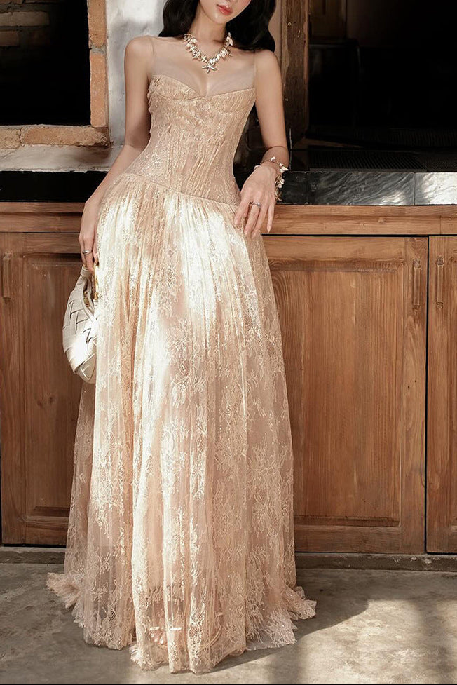 Rose Asymmetrical Waist Spaghetti Strap Maxi Dress - Khaki