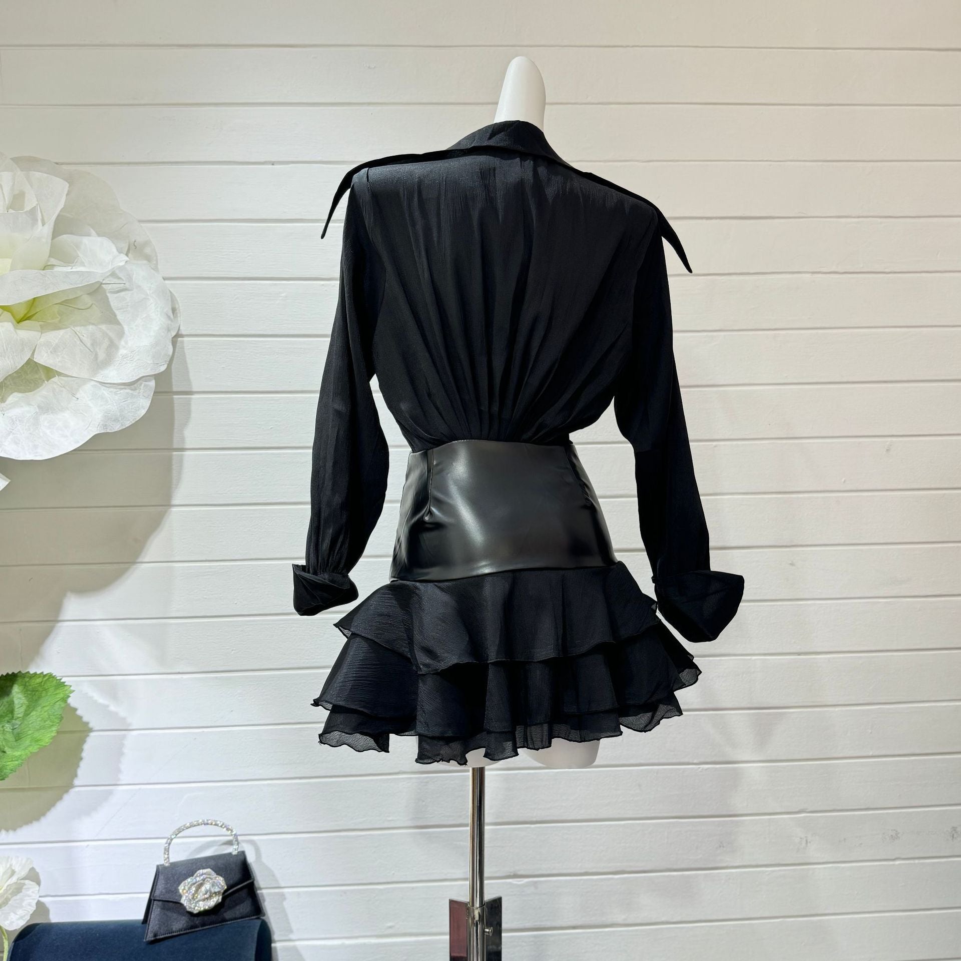 mandy Collar Ruched Ruffle Mini Dress in black