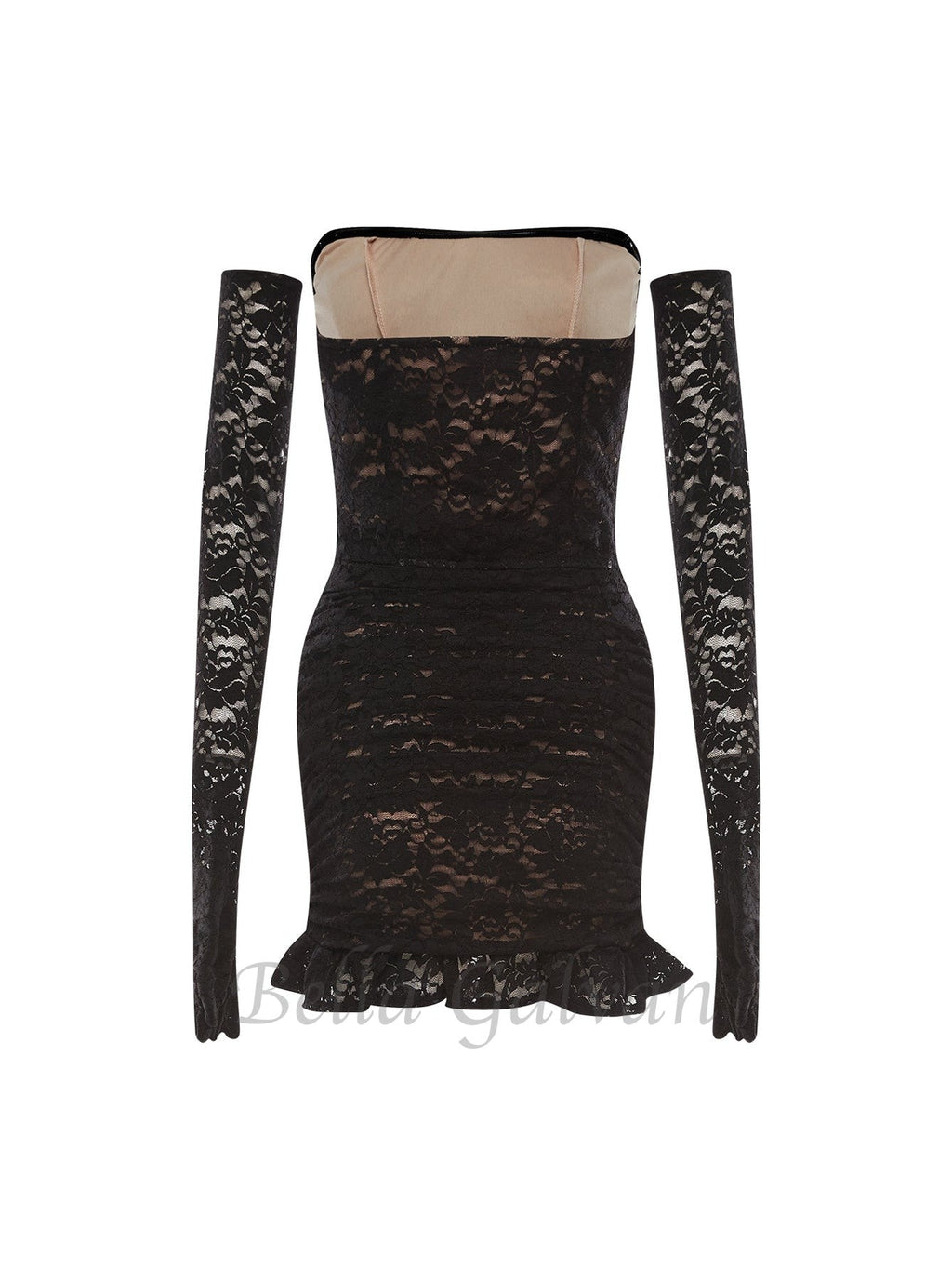 Flowering Girl Women fishbone embellished lace ruffle mini dress in black