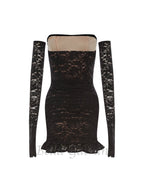 Flowering Girl Women fishbone embellished lace ruffle mini dress in black