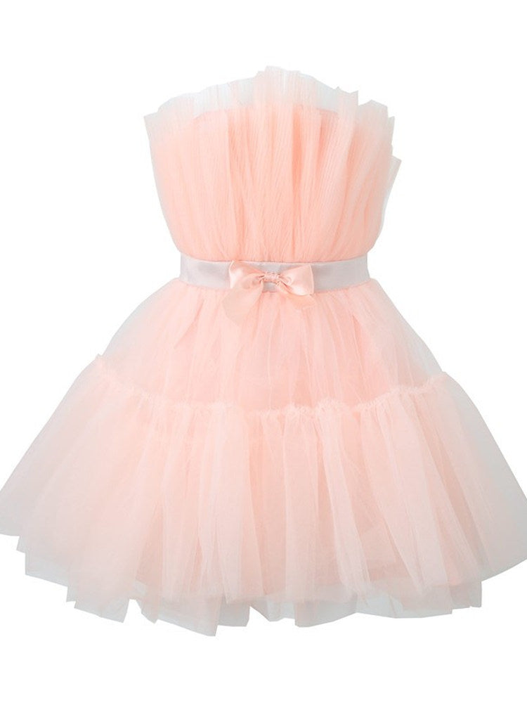 Frederica Bow-Accent Waist-Cinched Strapless Dress - Pink