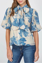 Beige & Blue Watercolor Floral Bow Neck Puff Sleeve Blouse