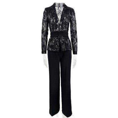 Mesh embroidered beaded jacket & trousers 2-piece set - black