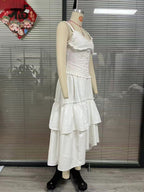 white renee Corset Tiered Midi Dress With Lace-Trim