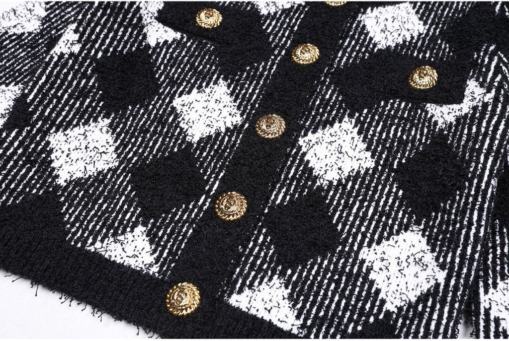 Flowering Girl Women Black White Gingham Tweed Cardigan