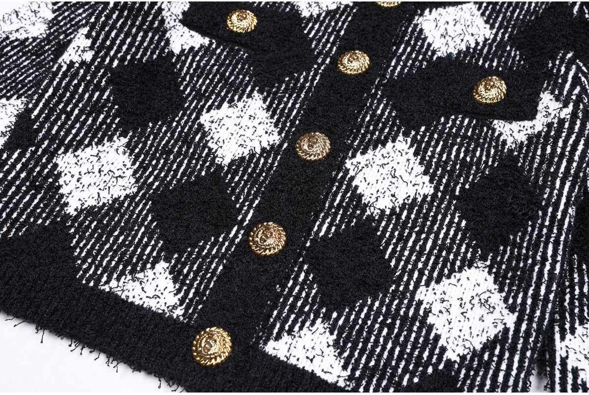 Flowering Girl Women Black White Gingham Tweed Cardigan