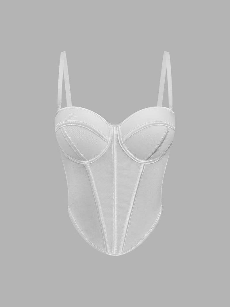 Calista Skin Tone, Fishbone Sexy Mesh Strapless Backless Color-Blocked Waist-Cinching Top