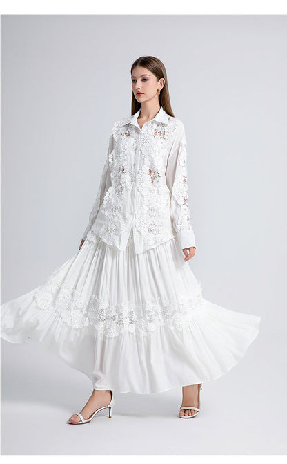 alexandra Splicing Flapped Lace hollow Midi Dress in white
