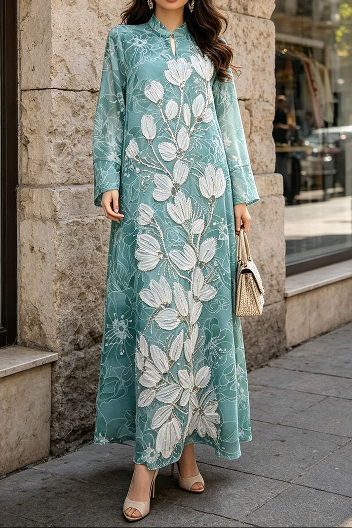 vivien Beaded floral embroidery maxi dress - blue