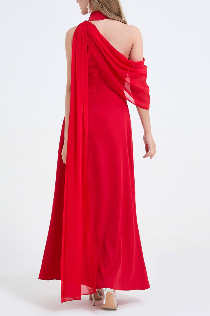 tammy Tailored One-Shoulder Detachable Collar Maxi Dress in red