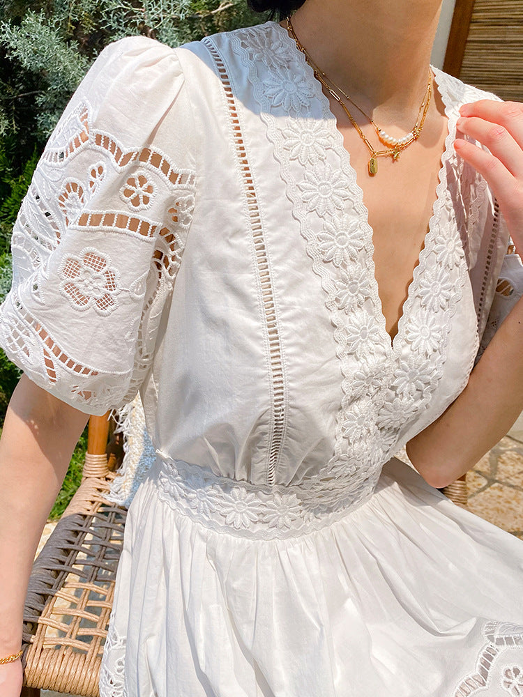 White Openwork Embroidered Short Sleeve V-Neck Petite Dress