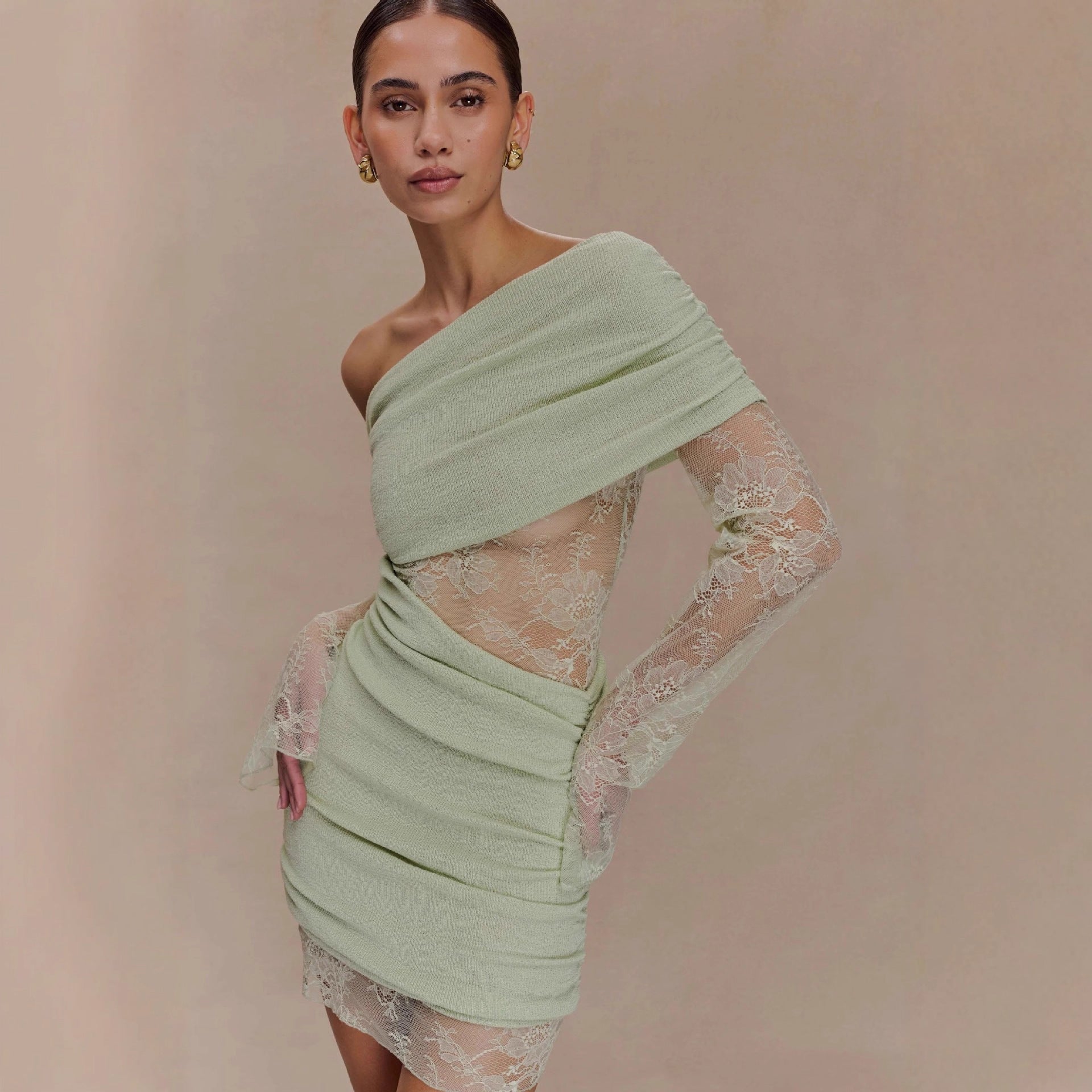 Matcha Lace Strapless Spliced Knitted Mini Dress