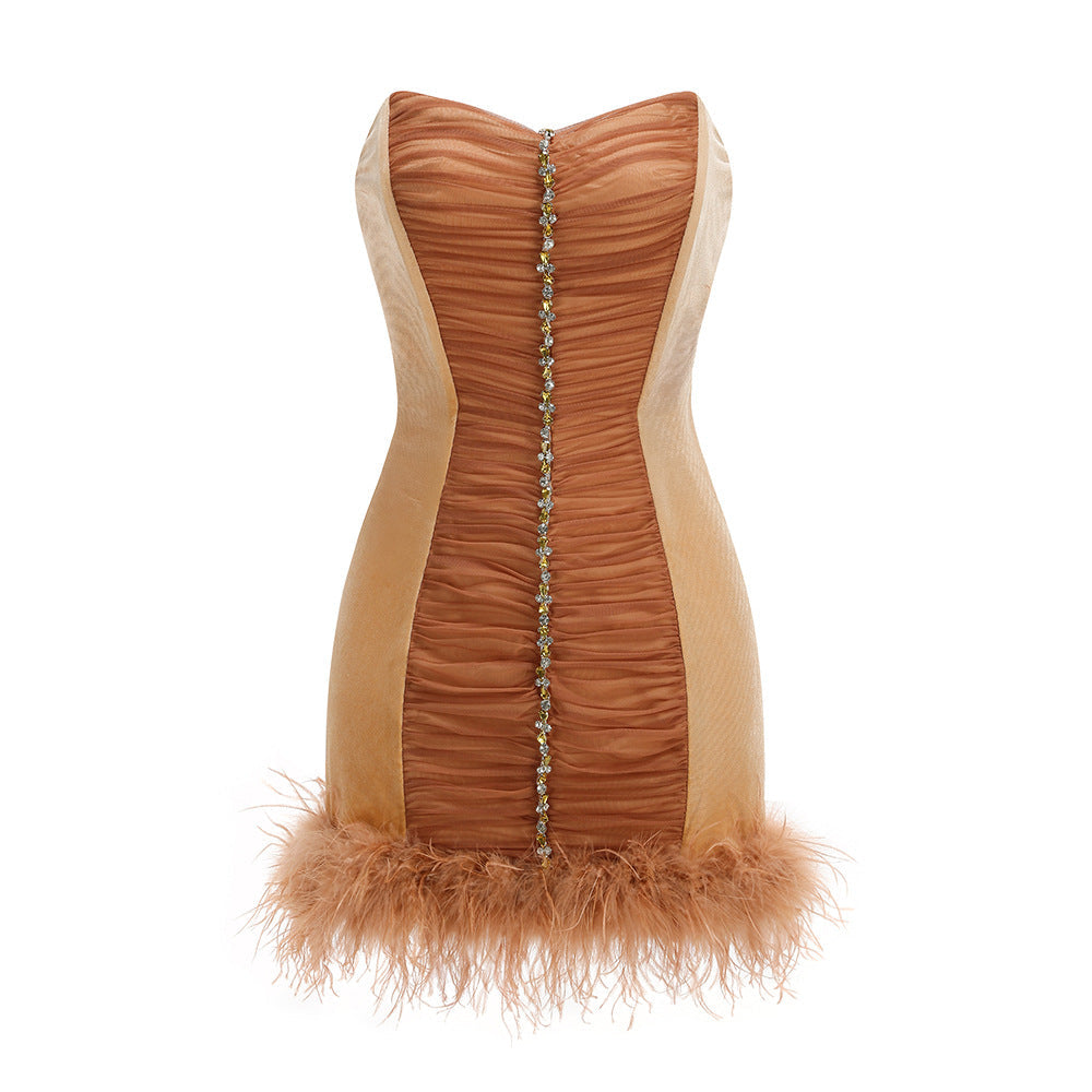 Flowering Girl Women anna rhinestone embellished feather strapless mini dress in pale brown