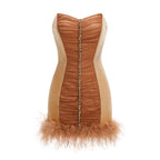 Flowering Girl Women anna rhinestone embellished feather strapless mini dress in pale brown
