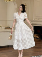 White Eyelet Embroidered Puff Sleeve Midi Dress