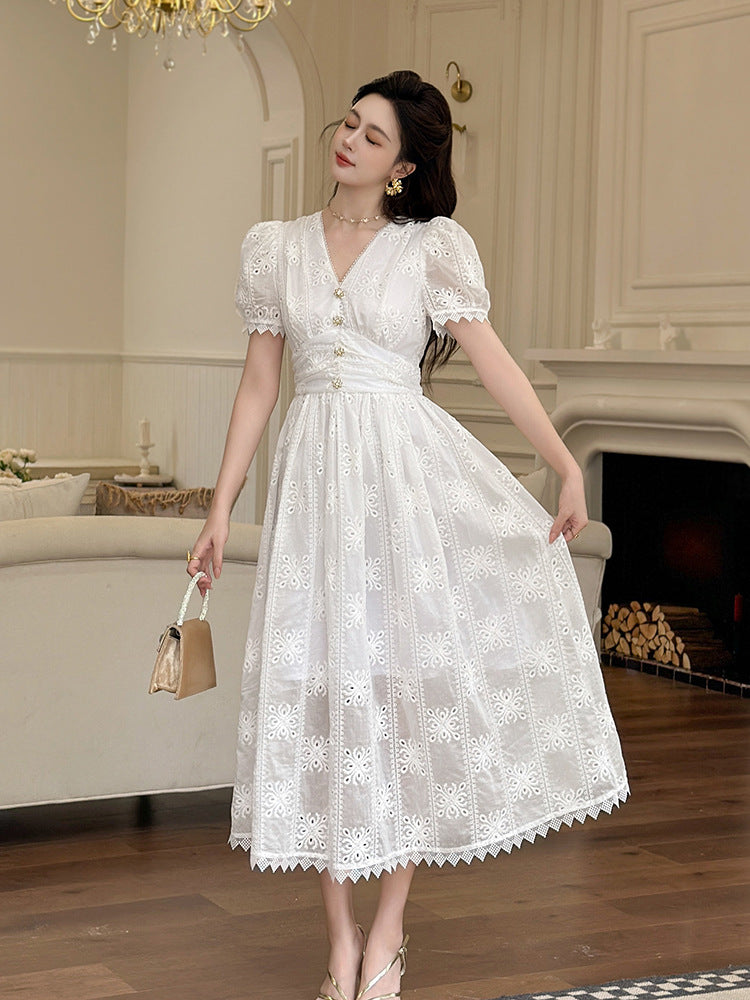 White Eyelet Embroidered Puff Sleeve Midi Dress