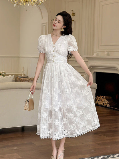 White Eyelet Embroidered Puff Sleeve Midi Dress
