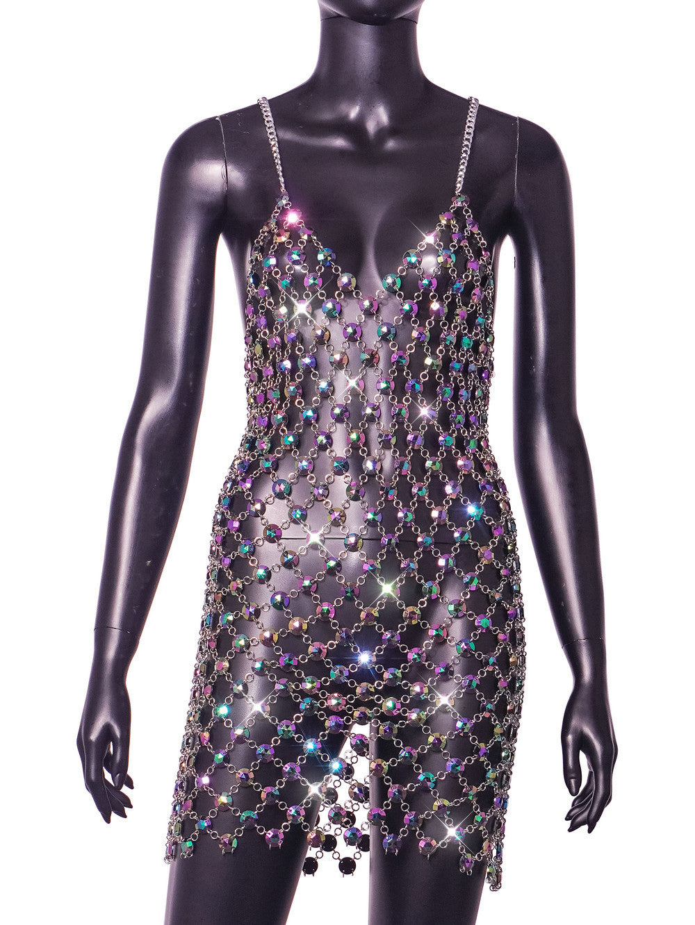 Flowering Girl Women Rhinestone Hollow Body Chain Dress