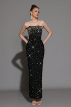 Flowering Girl Women Pearl Rhinestone Beaded Strapless Black Maxi Dress