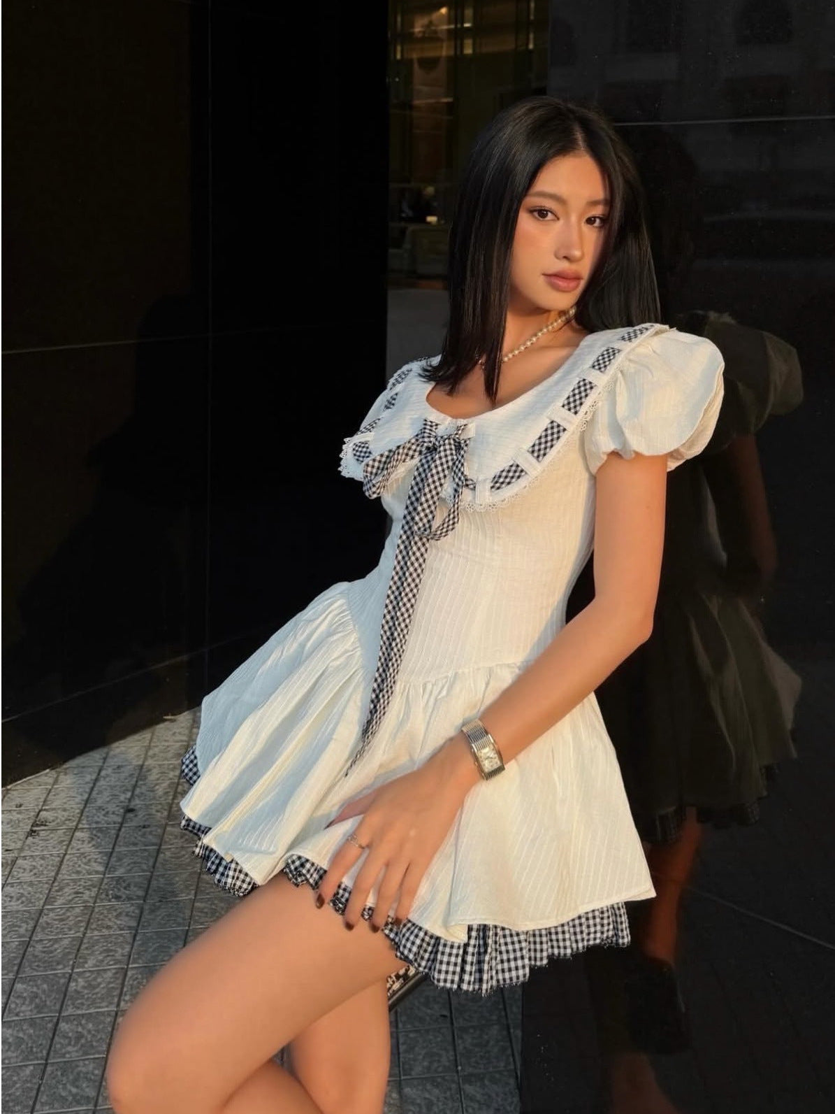 alisa floral printed lace trim mini dress in white