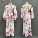 Flowering Girl Women off-shoulder Print lantern sleeve maxi dress