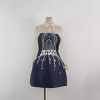 Flowering Girl Women Embroidered Flower Lapel Tulle Mini Dress In Dark Blue