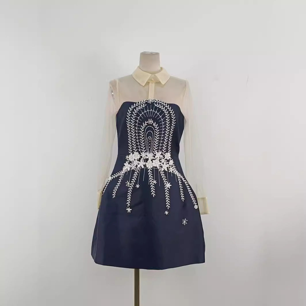 Flowering Girl Women Embroidered Flower Lapel Tulle Mini Dress In Dark Blue