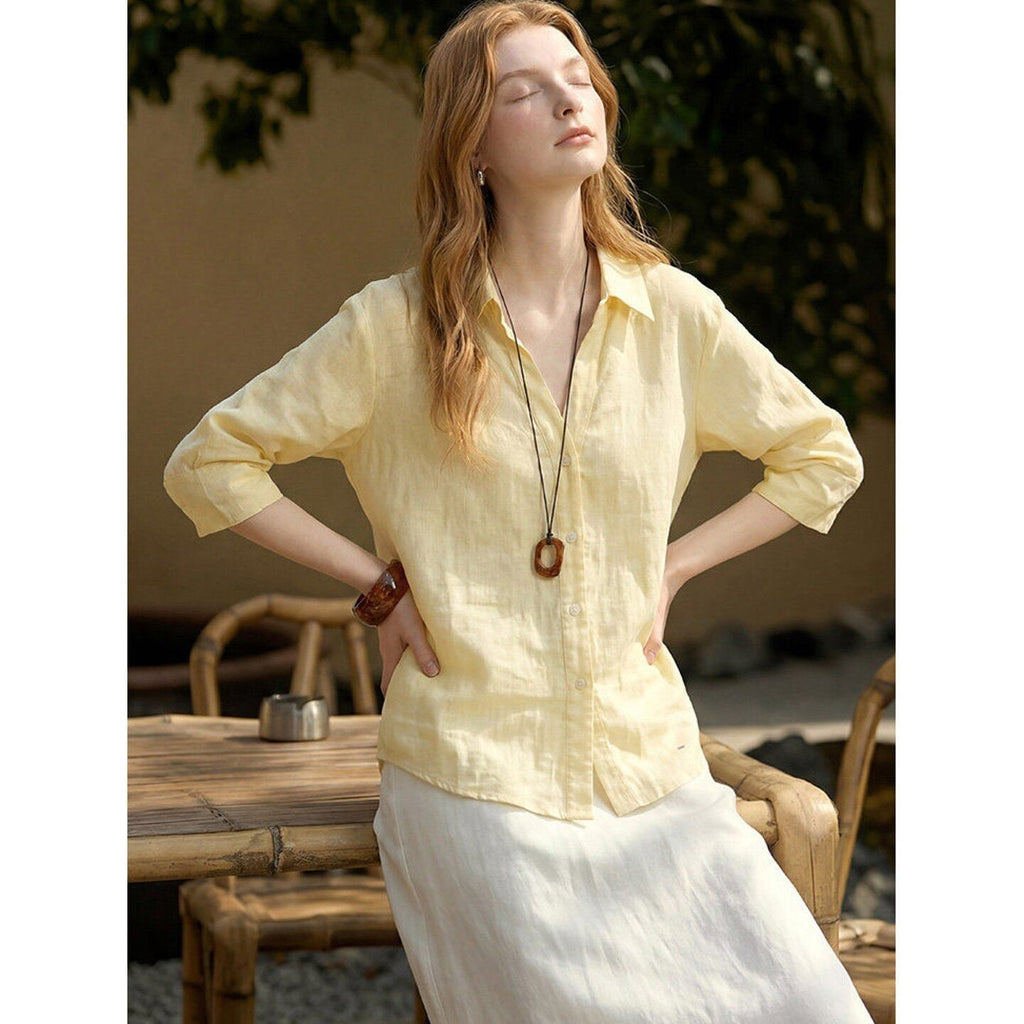 Flowering Girl Women Light Yellow Linen V-Neck Three-quarter Sleeve Shirt