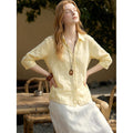 Flowering Girl Women Light Yellow Linen V-Neck Three-quarter Sleeve Shirt