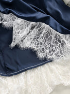 Flowering Girl Women Navy Spaghetti Strap V-Neck Tiered Lace Fringe Maxi Dress