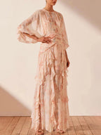 Flowering Girl Women puff long sleeve tiered ruffle hem maxi dress in pink