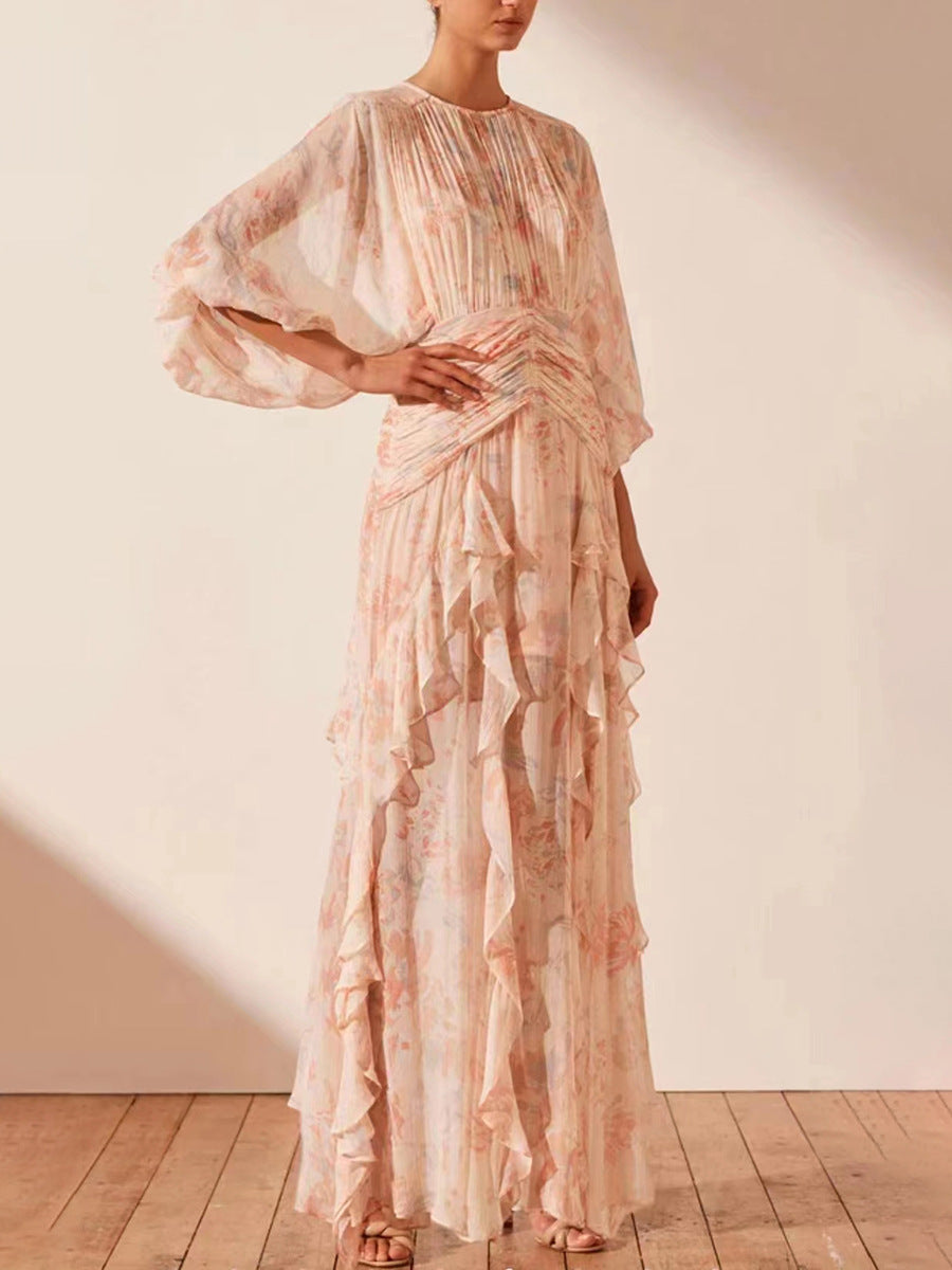 Flowering Girl Women puff long sleeve tiered ruffle hem maxi dress in pink