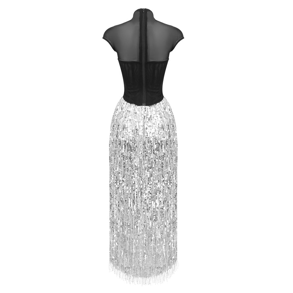 Flowering Girl Women tassel sequin black corset maxi dress