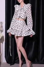 Flowering Girl Women Black-White Polka Dot Ruffled Long-Sleeved Top With Puffy Skirt