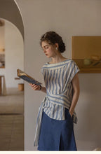 Flowering Girl Women cross-shoulder off-shoulder off-line cotton woven jacquard striped shirt