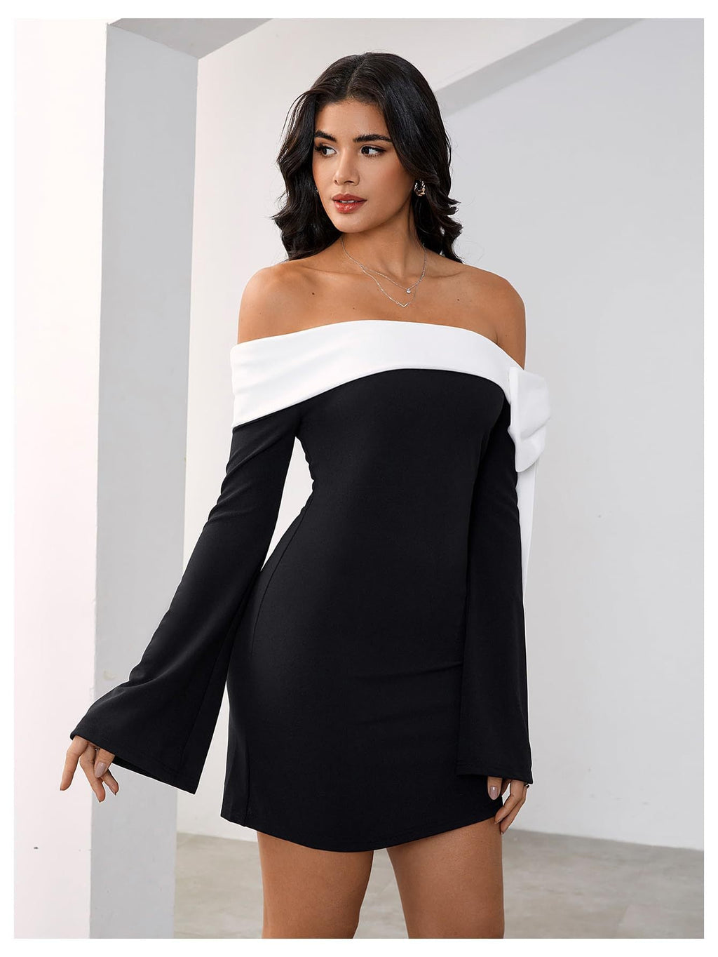 Flowering Girl Women black Off-the-Shoulder Flared Sleeve Mini Dress