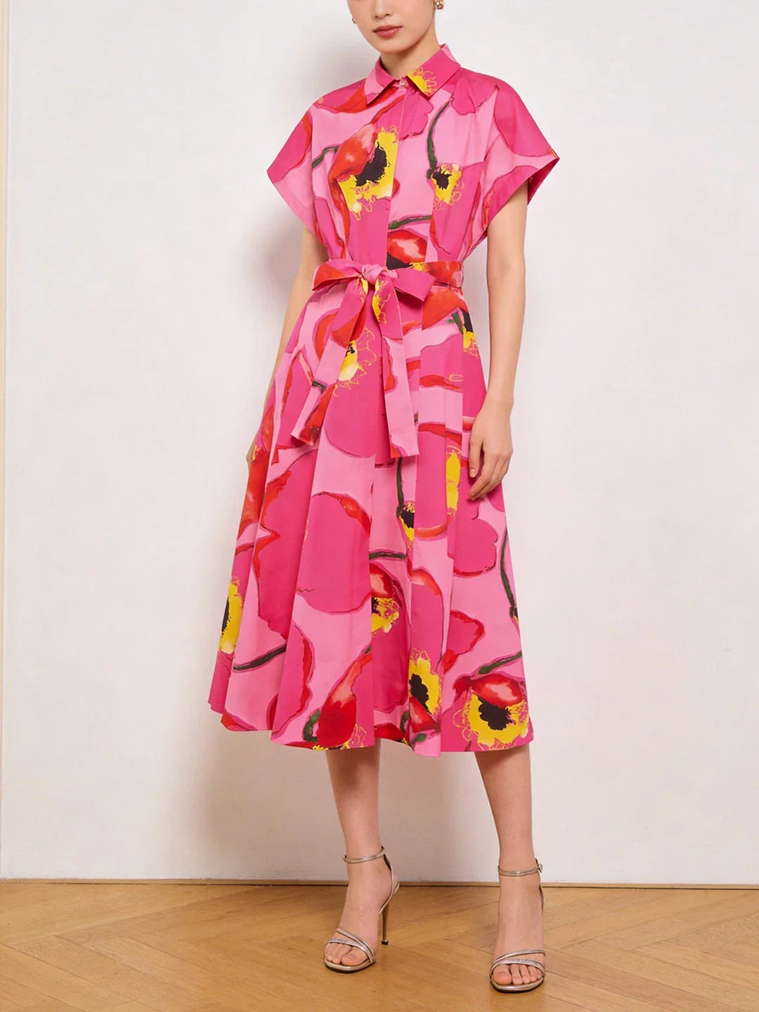 french satin pink dress women's vintage long temperament print maxi skirt niche single-breasted skirt new