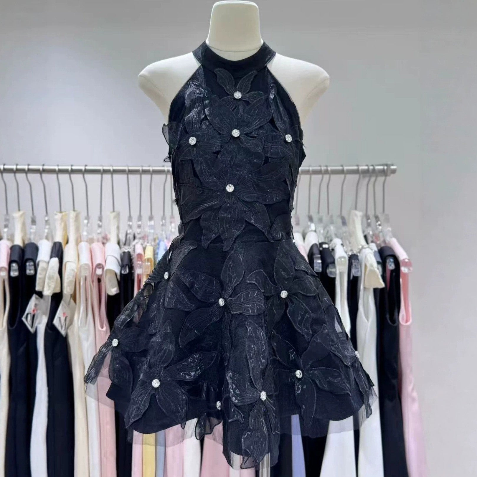 Flowering Girl Women Halter 3D Floral Rhinestone Sheer Mini Dress