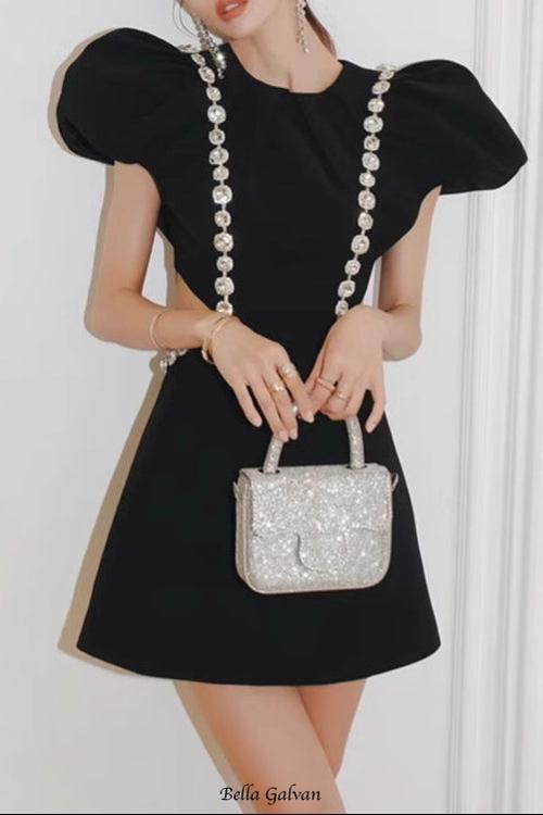 Three-dimensional ruffle rhinestone hollow mini dress in black
