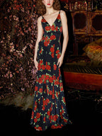 Black Red Rose Print Slip Mermaid Dress