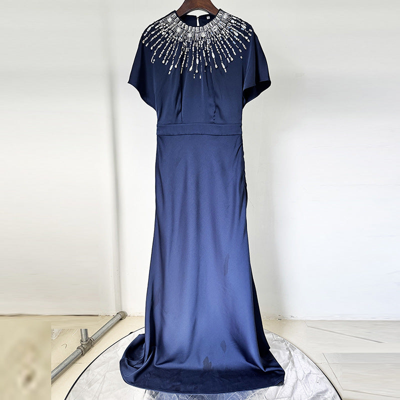 Flowering Girl Women backless satin bead diamond maxi dress