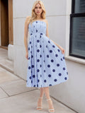 Flowering Girl Women Light Blue Polka Dot Strapless Pleated Waist Midi Swing Dress Women Vintage Holiday Dress