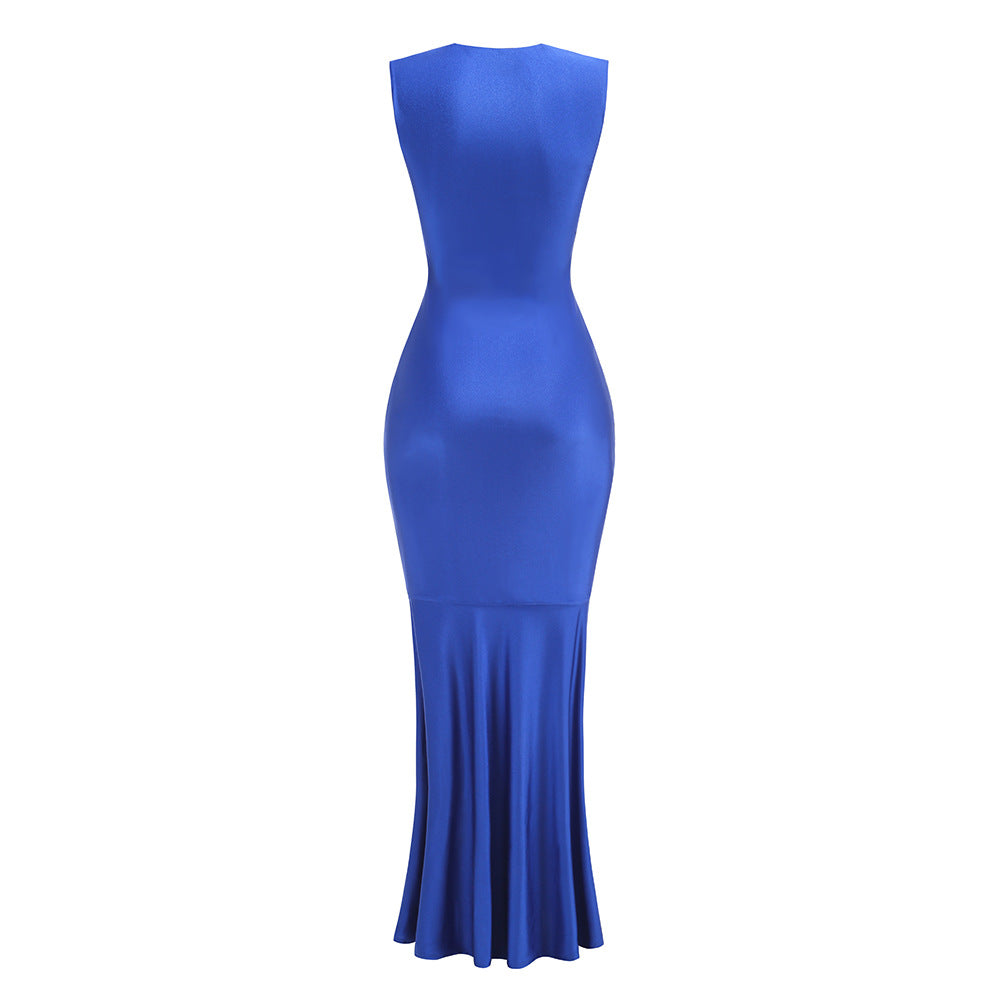 Flowering Girl Women Sleeveless Deep V Neck Shirred Front Fishtail Gown