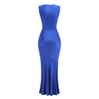 Flowering Girl Women Sleeveless Deep V Neck Shirred Front Fishtail Gown