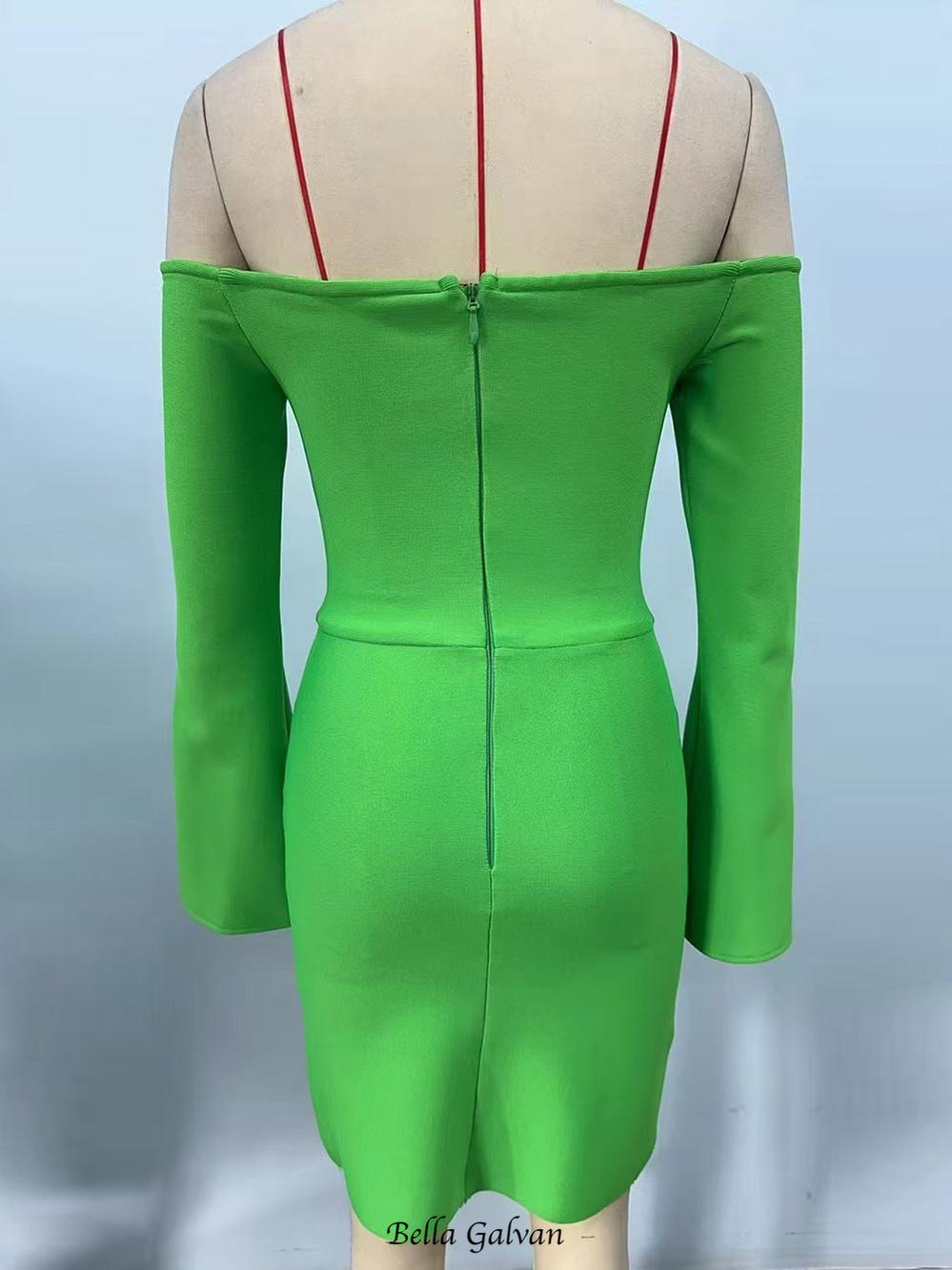 cara Off-shoulder long-sleeve diamond bodycon mini dress in green
