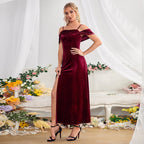 Flowering Girl Women Slit Velvet Off-Shoulder Spaghetti Strap Dress