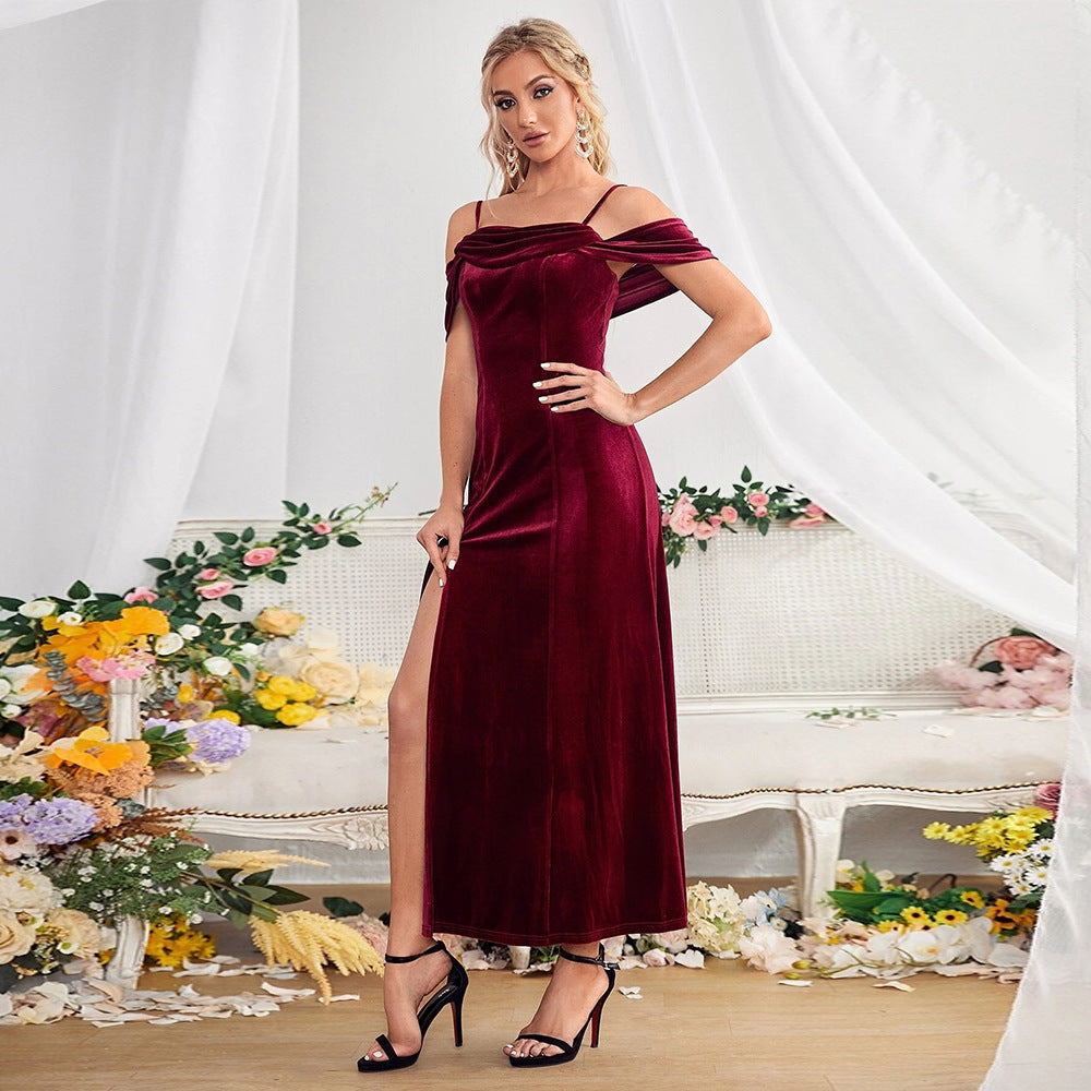 Flowering Girl Women Slit Velvet Off-Shoulder Spaghetti Strap Dress
